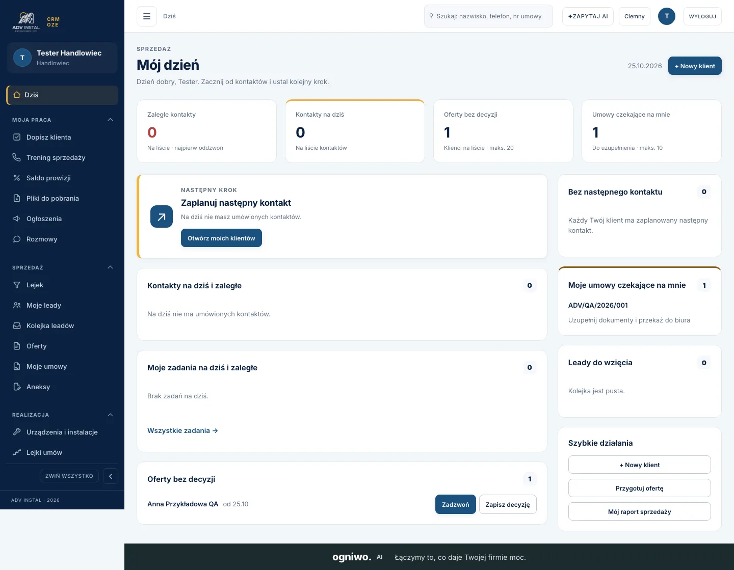 CRM ADV INSTAL — ekran Mój dzień handlowca: zaległe kontakty, oferty bez decyzji, umowy czekające