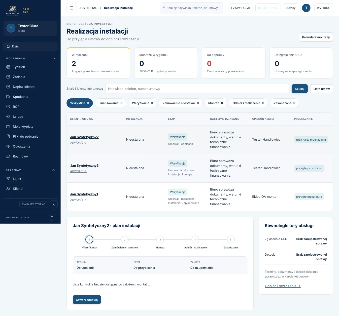 CRM ADV INSTAL — ekran Realizacja instalacji: umowy w realizacji, etapy, następne działanie, przekazanie
