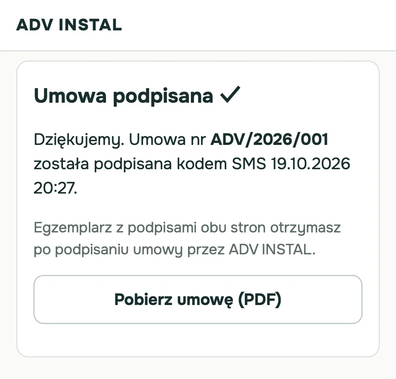 Ekran klienta: umowa podpisana kodem SMS, przycisk Pobierz umowę PDF
