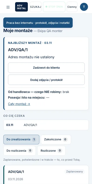Telefon montera: najbliższy montaż, przyciski Zadzwoń do klienta i Dodaj zdjęcia lub protokół