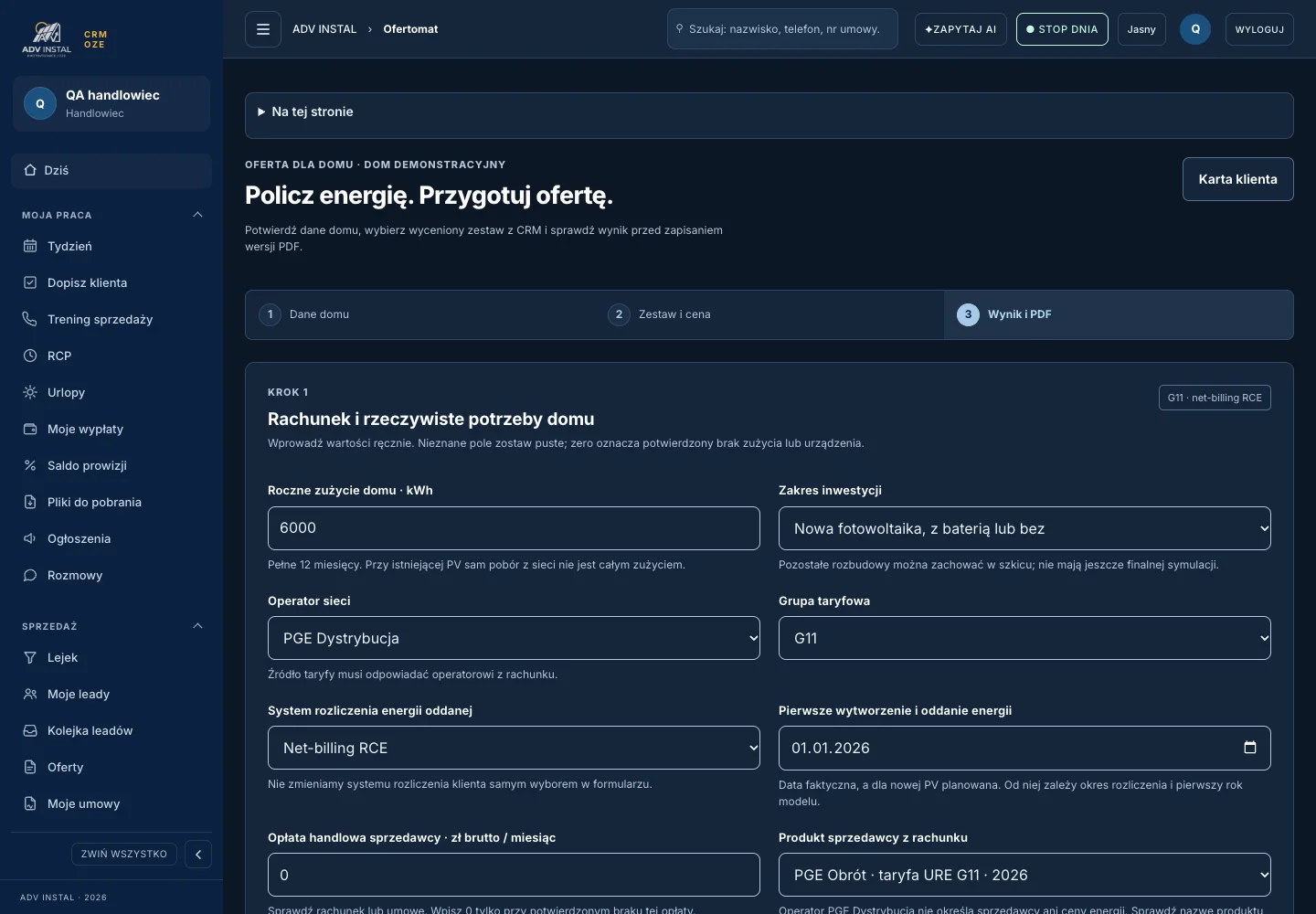 Generator ofert w CRM ADV INSTAL — krok 1: rachunek i rzeczywiste potrzeby domu