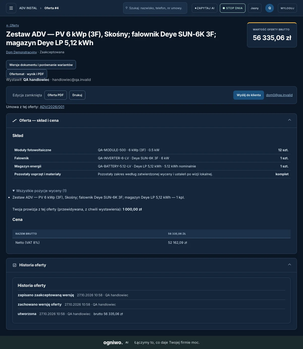Karta oferty w CRM: skład zestawu, cena brutto, prowizja handlowca, wersje i historia oferty