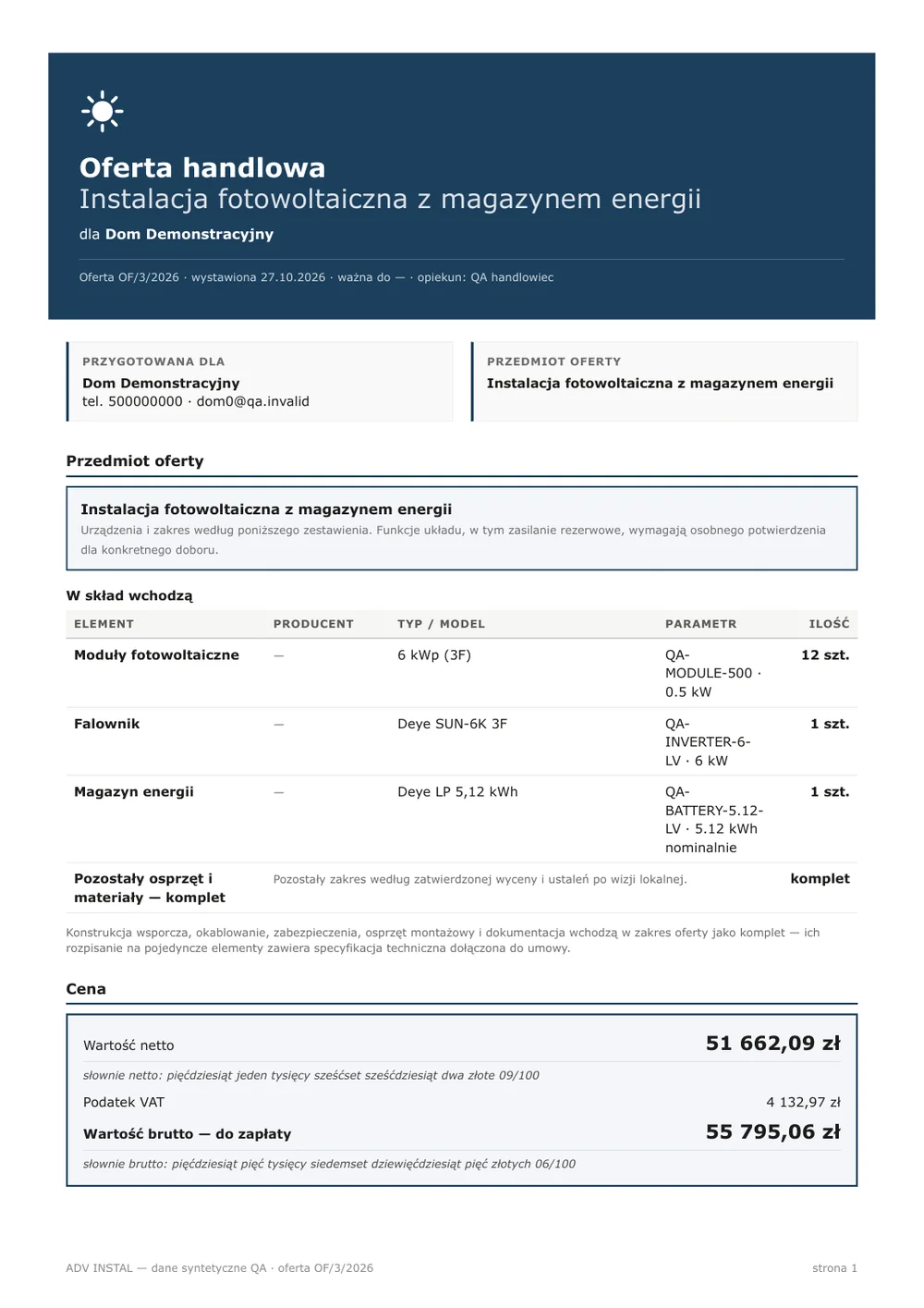 Przykładowa oferta PDF: zestaw fotowoltaika z magazynem energii, cena netto, VAT i brutto