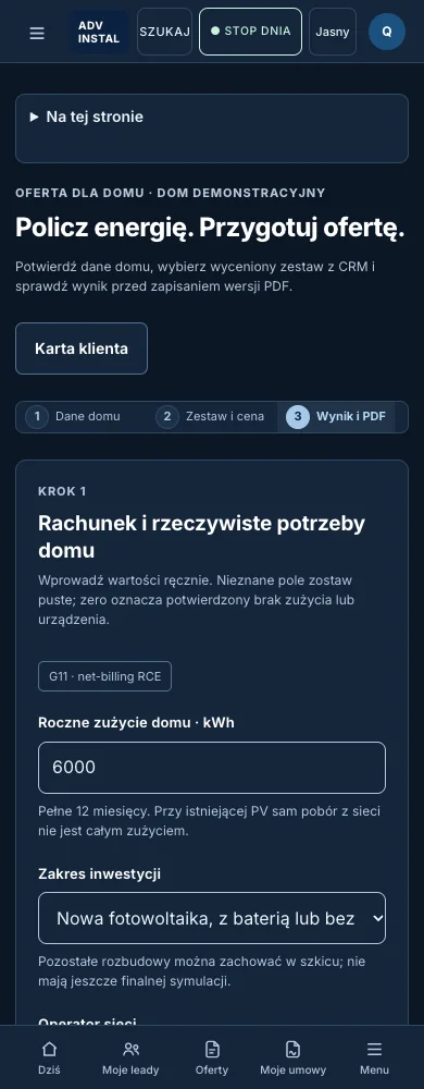 Generator ofert na telefonie handlowca: dane domu z rachunku