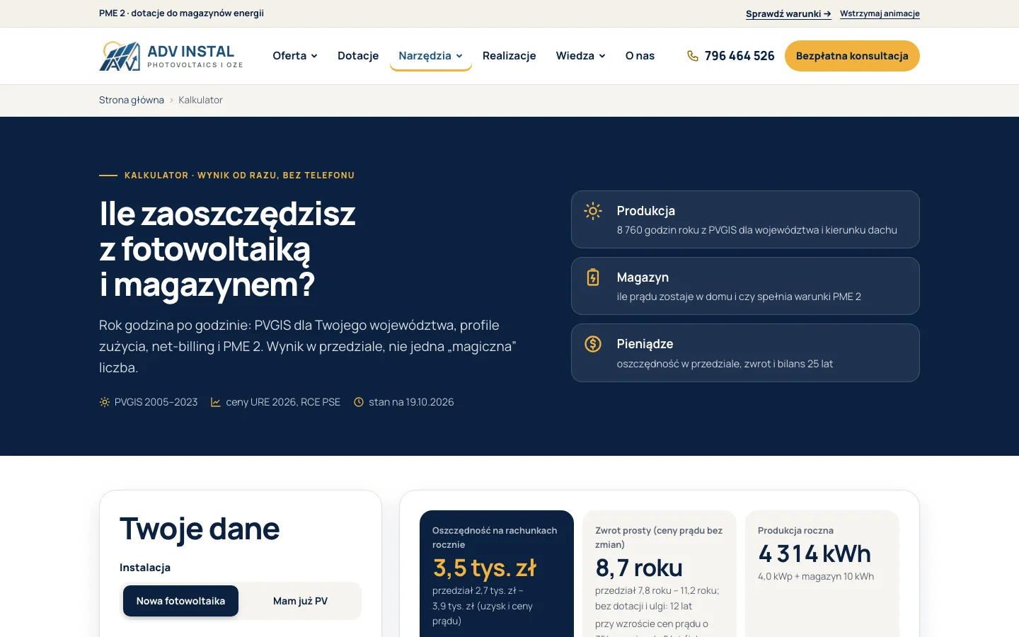 Kalkulator na stronie ADV INSTAL: ile zaoszczędzisz z fotowoltaiką i magazynem