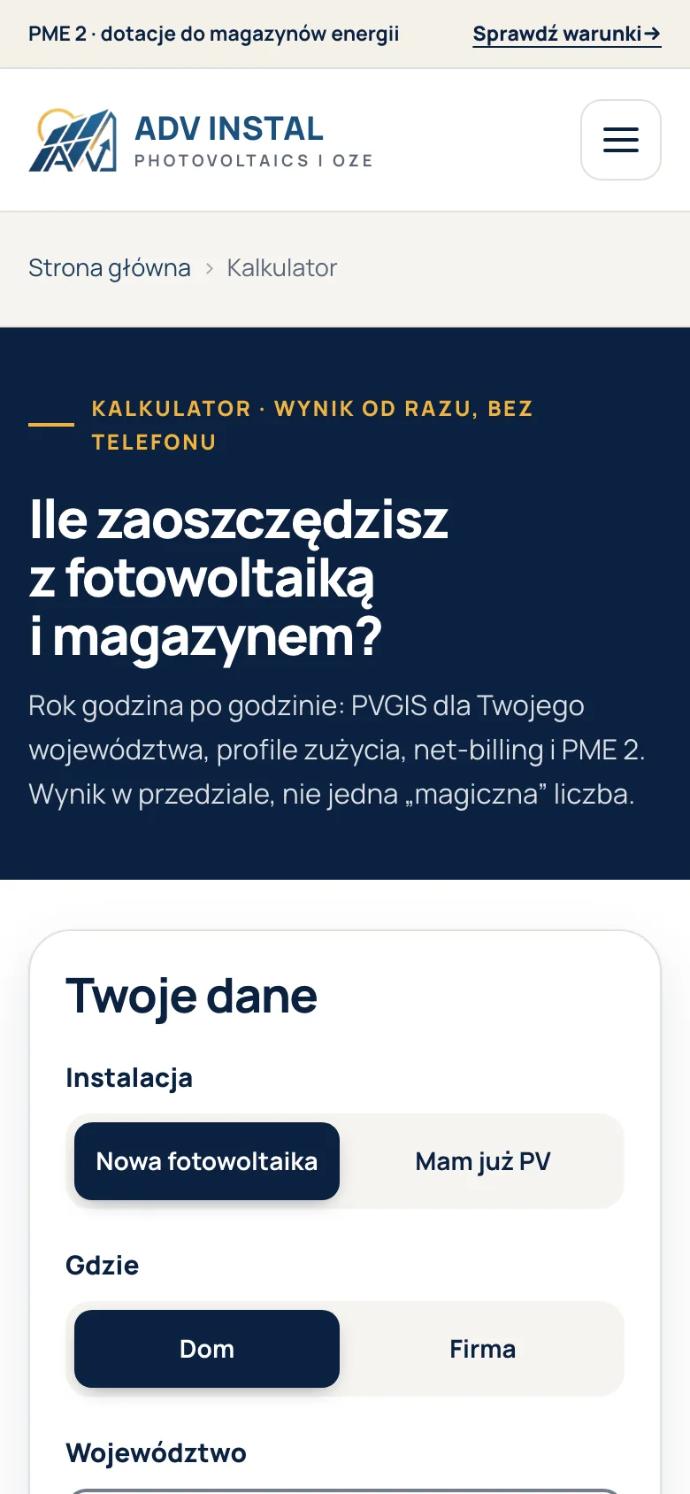 Strona ADV INSTAL na telefonie: kalkulator oszczędności