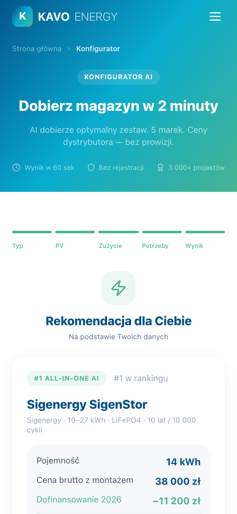 Konfigurator magazynu energii Kavo Energy zbudowany przez OGNIWO — ekran doboru zestawu