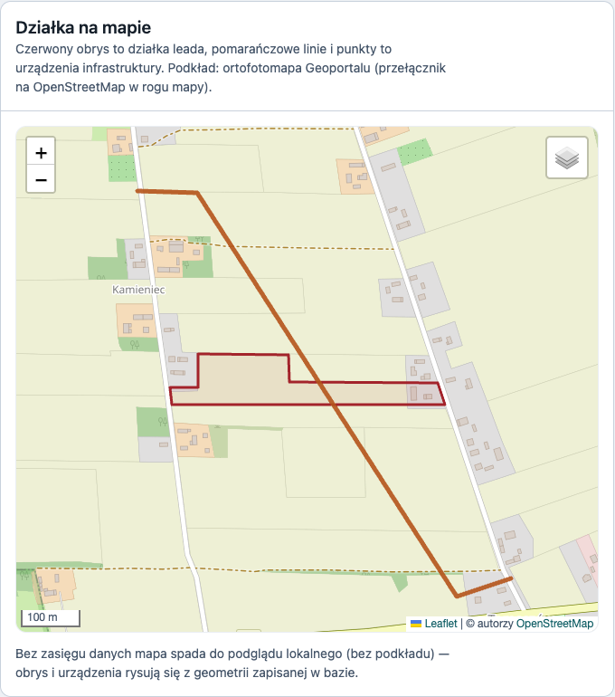 APCC — działka i przebieg infrastruktury na podkładzie mapowym