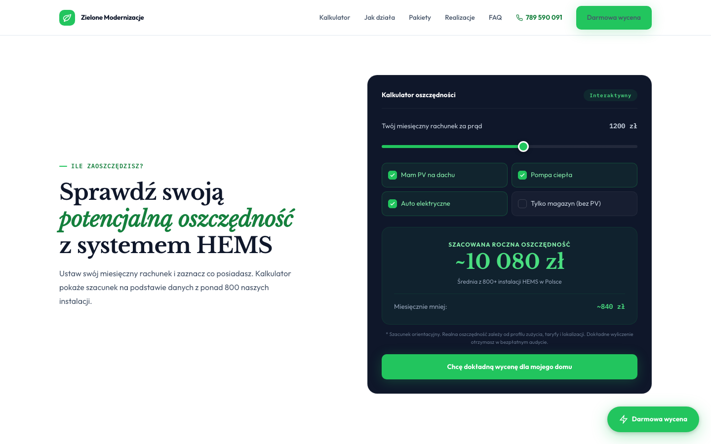 Zielone Modernizacje — kalkulator na przykładowych parametrach