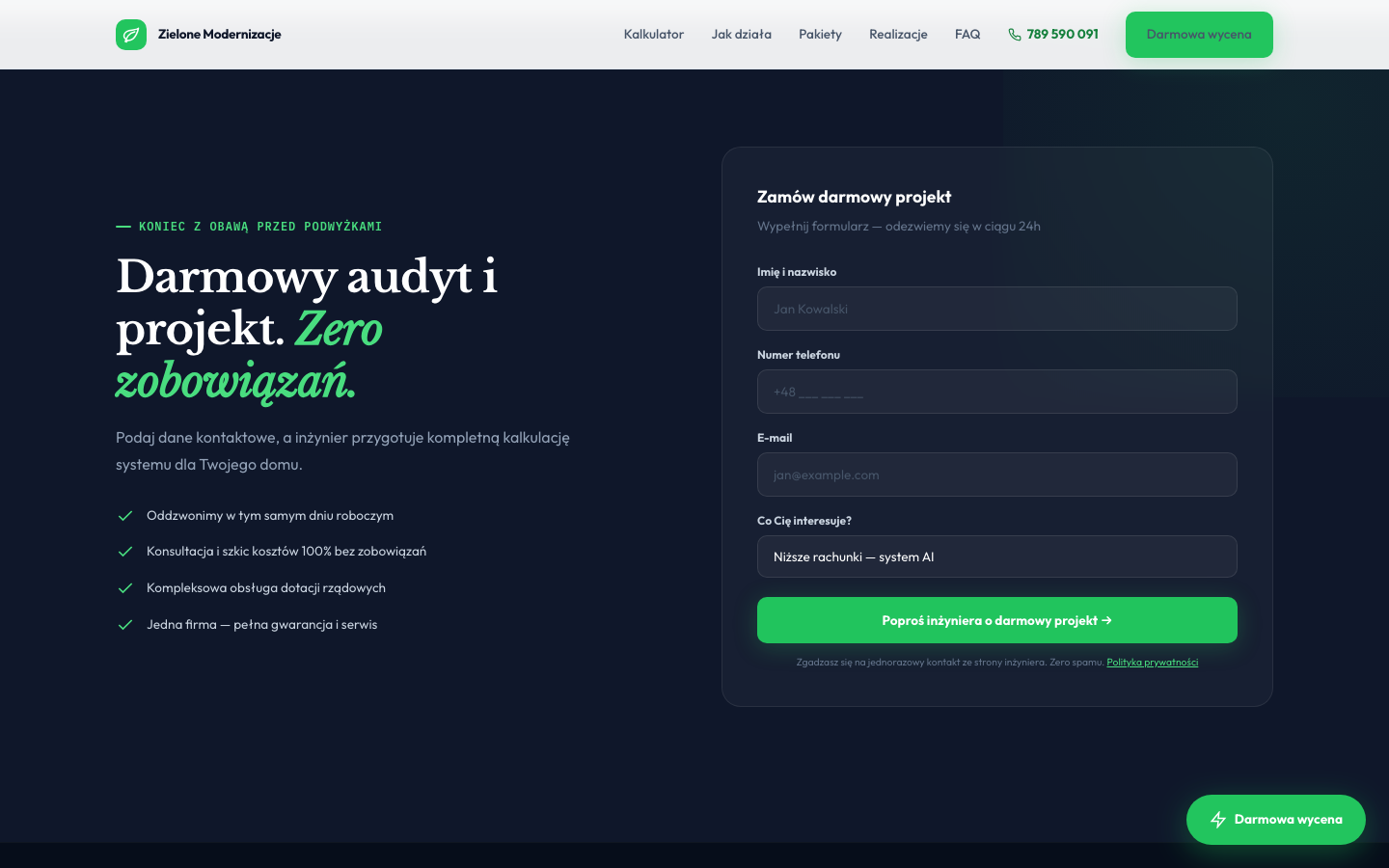 Zielone Modernizacje — publiczny formularz kontaktowy bez danych i bez wysyłania