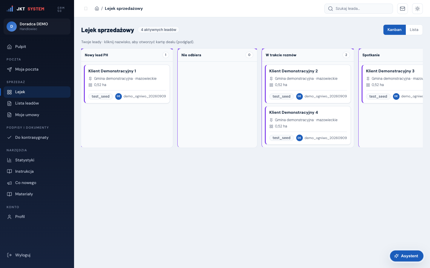 Aktualny CRM JKT SYSTEM: lejek spraw telekomunikacyjnych na koncie demonstracyjnym, 9 września 2026