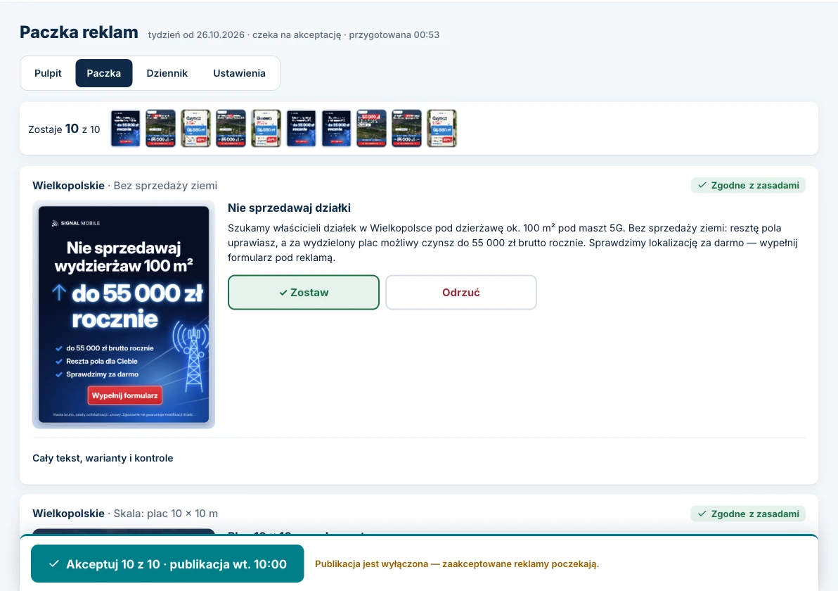 CRM Signal Mobile — paczka nowych reklam z przyciskami Zostaw i Odrzuć