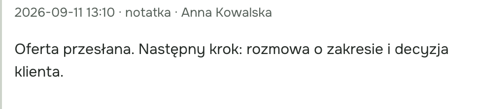 Historia: oferta przesłana, następny krok to rozmowa z klientem