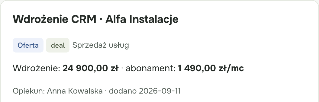 Etap, wartość i opiekun sprawy Alfa Instalacje